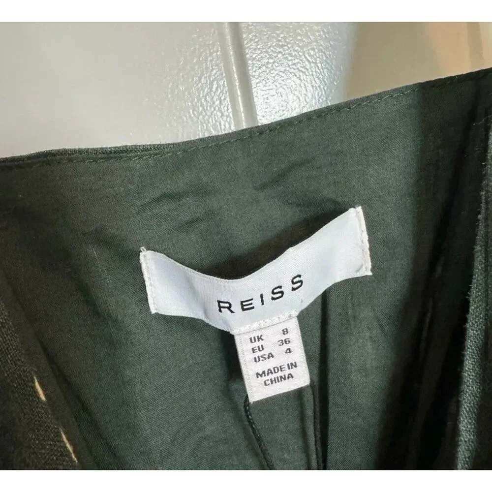Reiss Alice Fitted Green Floral Linen Chain Strap Midi Dress Size 4 Wrap New - Picture 15 of 16